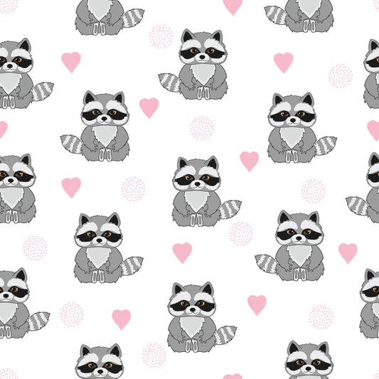 Wildlife Fabric, Raccoon Fabric with pink hearts, Cotton or Fleece, 2214 - Beautiful Quilt
