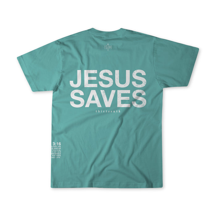 The 13th Youth Jesus Saves Seafoam Tee features bold white "JESUS SAVES" text on the back and smaller "thisistruth" messaging with extra accents in the lower left, making this Christian tee a standout for youth.